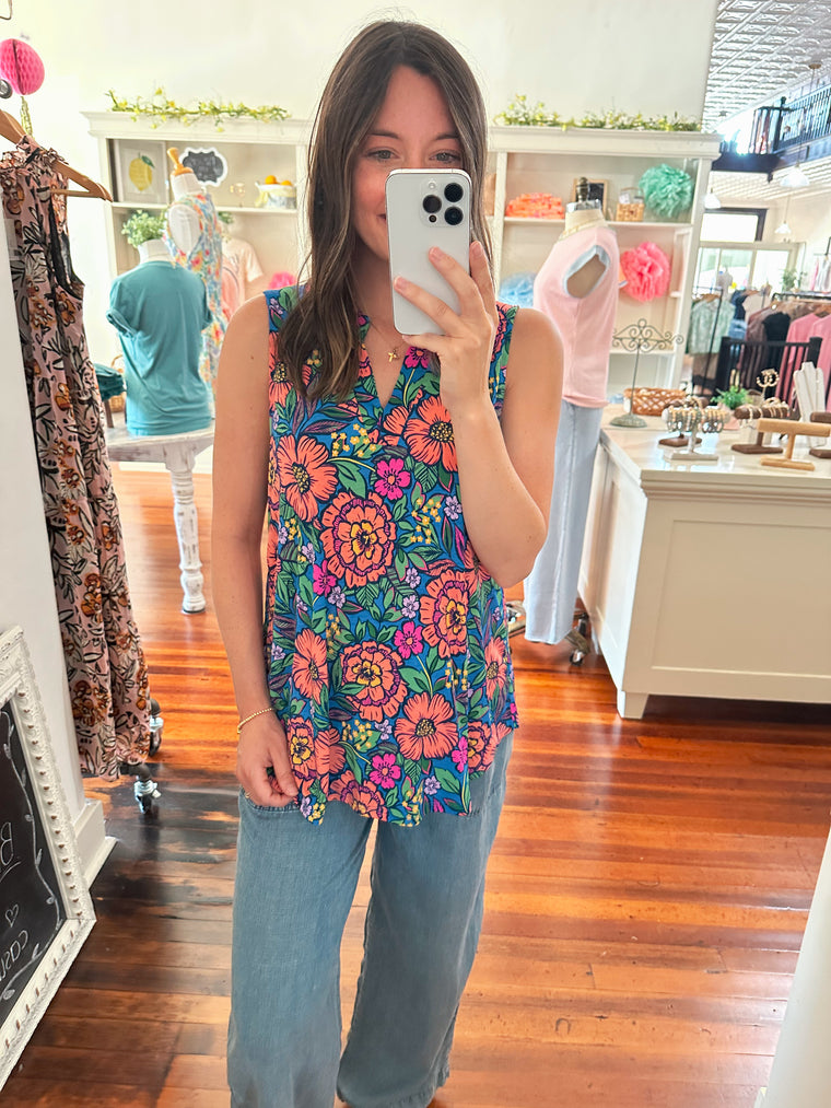 Lola Floral Sleeveless Top - Blue-Top-Carolyn Jane's Jewelry