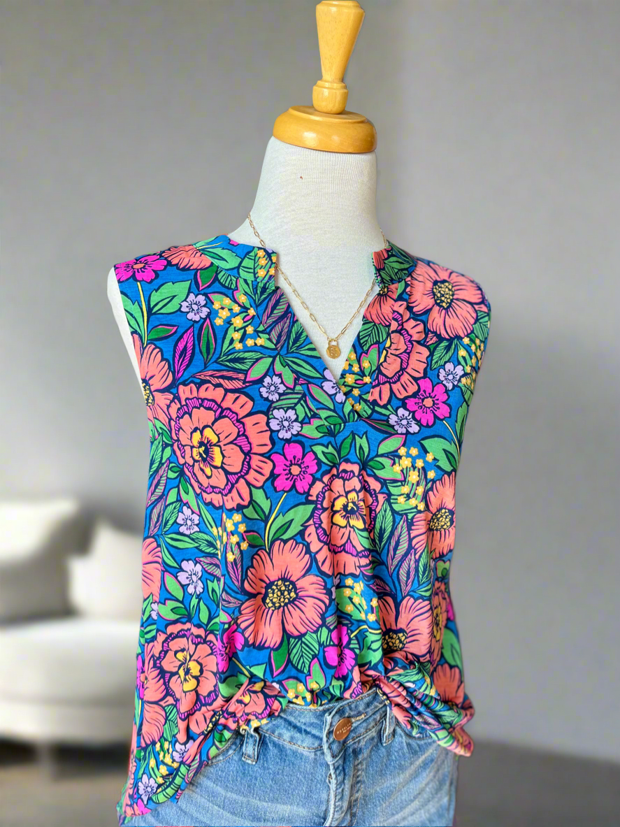 Lola Floral Sleeveless Top - Blue-Top-Carolyn Jane's Jewelry