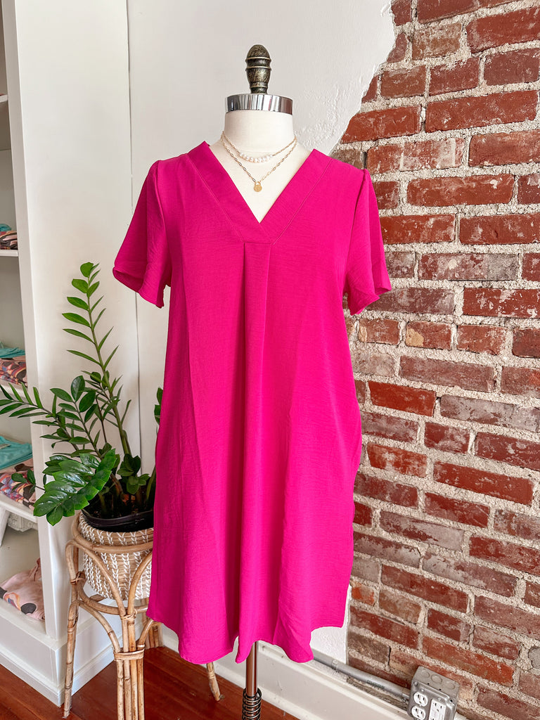 Marley V-Neck Short Sleeve Dress - Magenta-Dress-Carolyn Jane's Jewelry