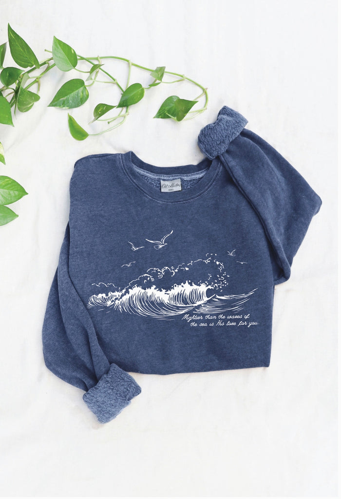 Mightier Than The Waves in Heather Blue-Sweatshirt-Carolyn Jane's Jewelry