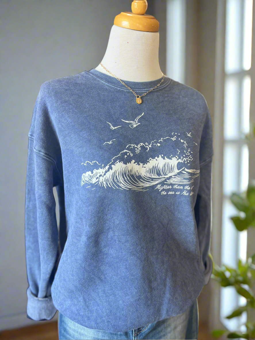 Mightier Than The Waves in Heather Blue-Sweatshirt-Carolyn Jane's Jewelry