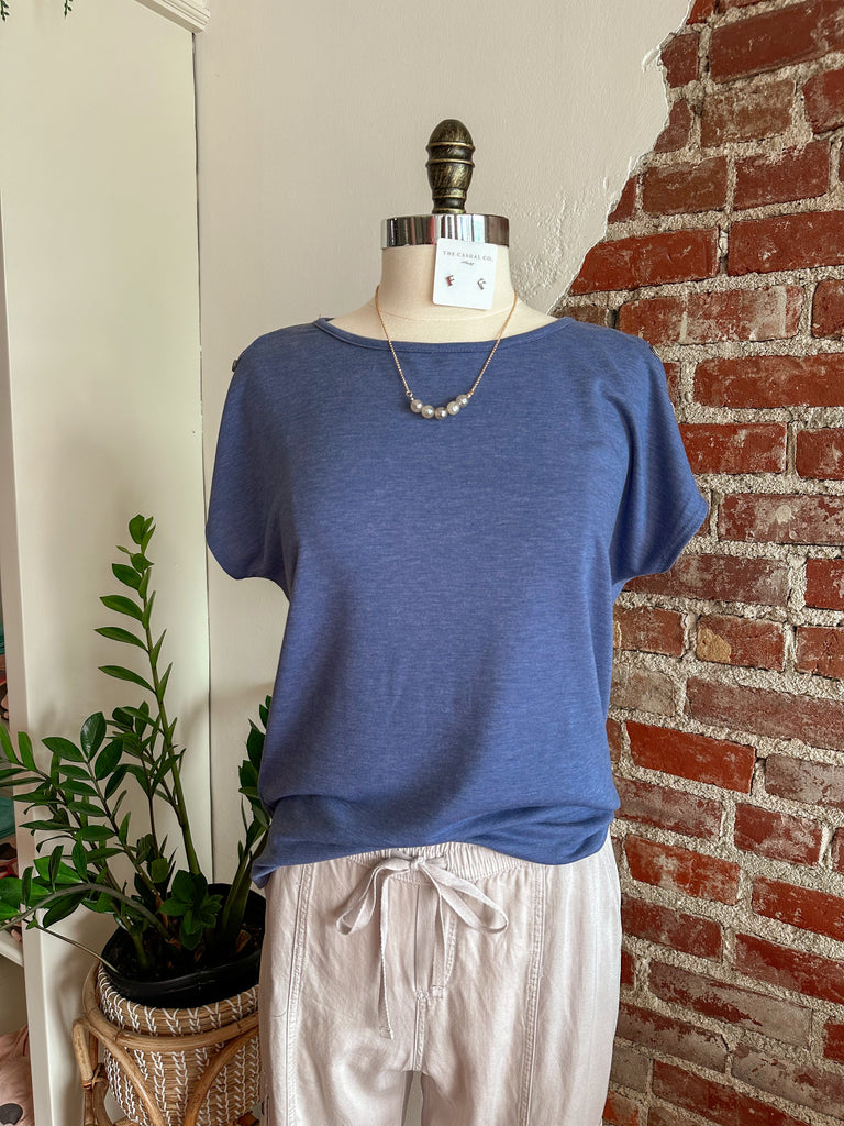 Natalie Button Shoulder Top - Heather Navy-Top-Carolyn Jane's Jewelry