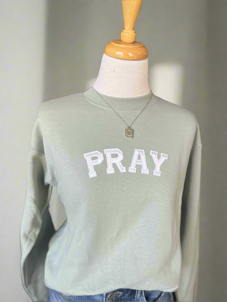 Pray Patch Work Sweatshirt - Sage-Sweatshirt-Carolyn Jane's Jewelry