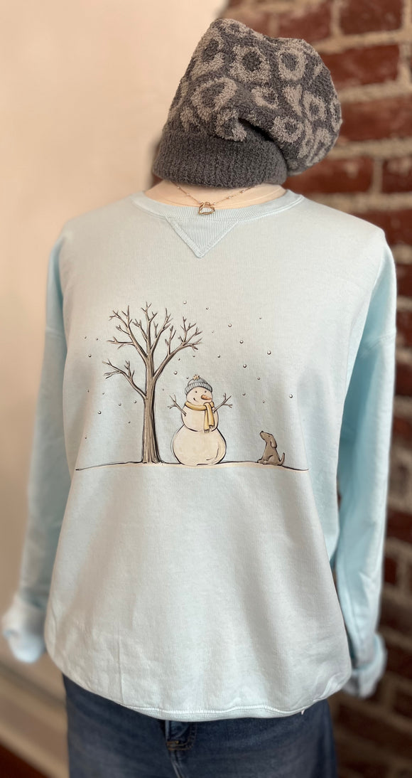 Sadie Snowman with Pup Sweatshirt - Light Blue-sweashirt-Carolyn Jane's Jewelry