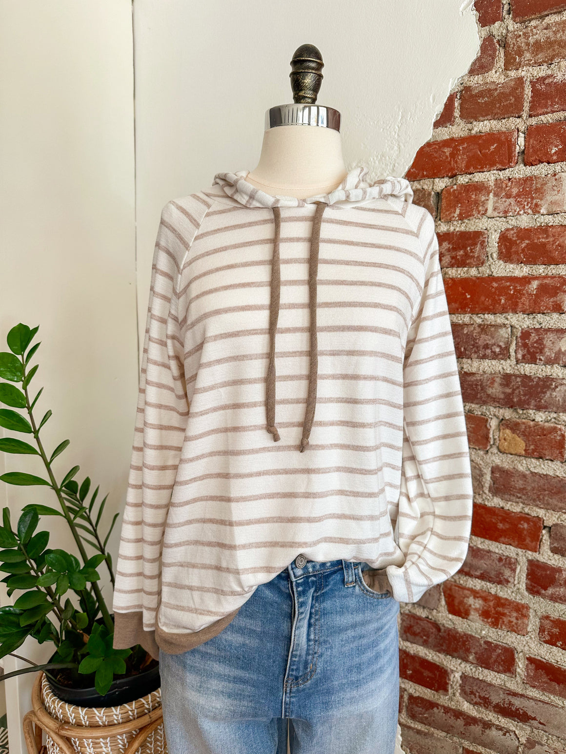 Striped Lightweight Hoodie in Taupe-Carolyn Jane's Jewelry