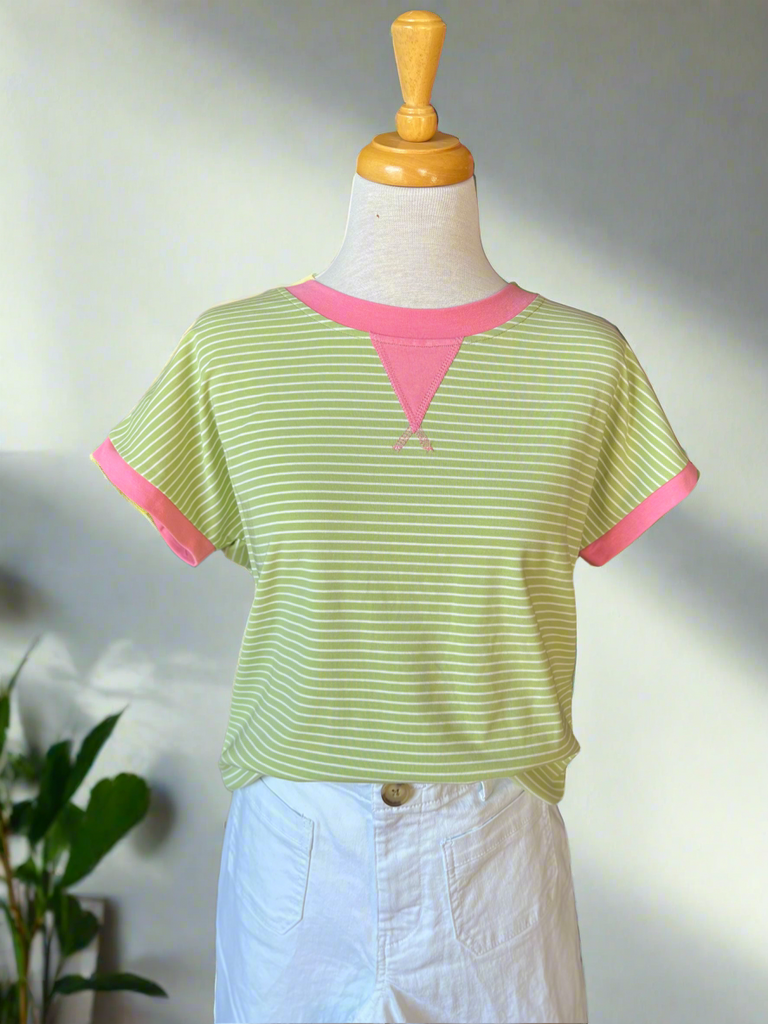 Sunny Lime and Pink Stripe Short Sleeve Top-top-Carolyn Jane's Jewelry