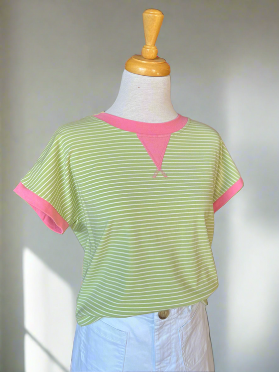 Sunny Lime and Pink Stripe Short Sleeve Top-top-Carolyn Jane's Jewelry