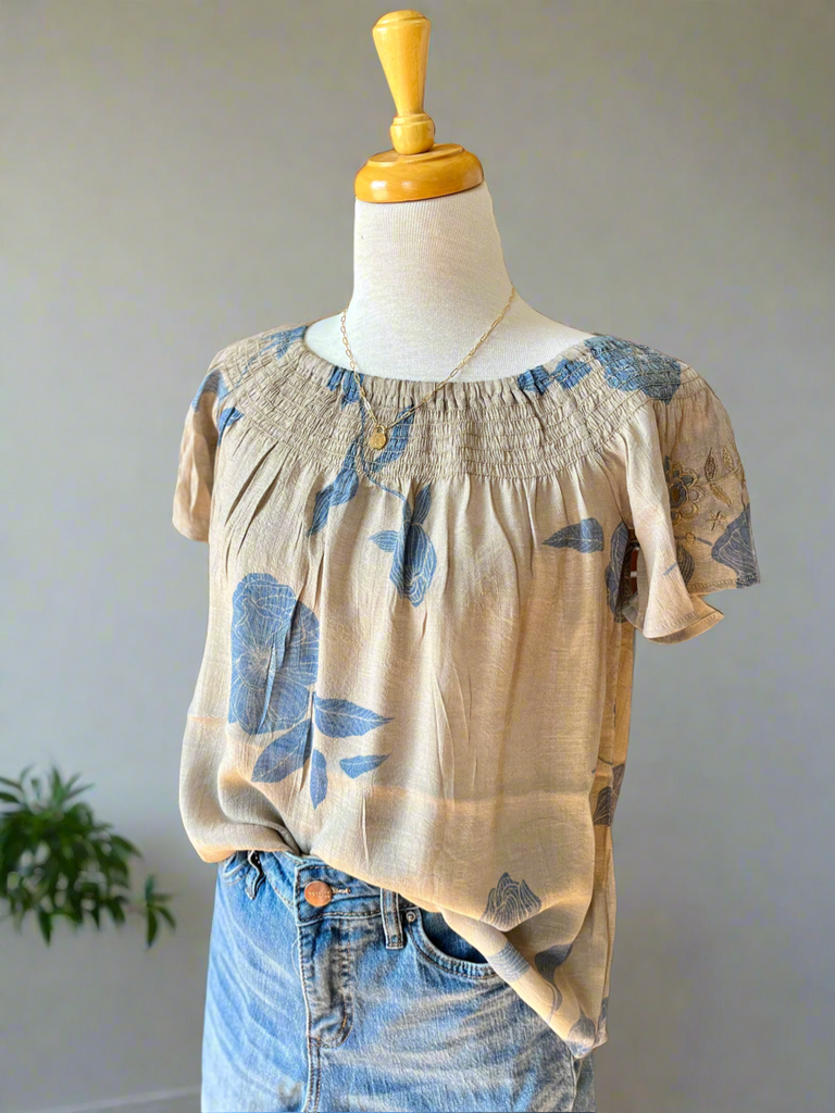 Tessa Embroidered Floral Pleat Sleeve Top - Taupe-Top-Carolyn Jane's Jewelry