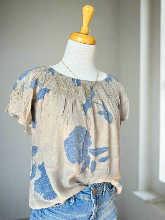 Tessa Embroidered Floral Pleat Sleeve Top - Taupe-Top-Carolyn Jane's Jewelry