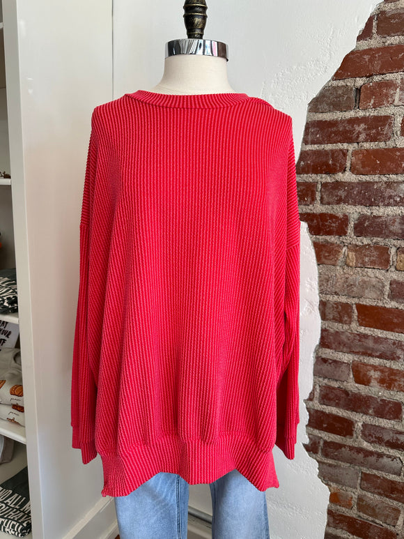 Winnie Oversized Ribbed Sweatshirt - Christmas Red-Sweatshirt-Carolyn Jane's Jewelry