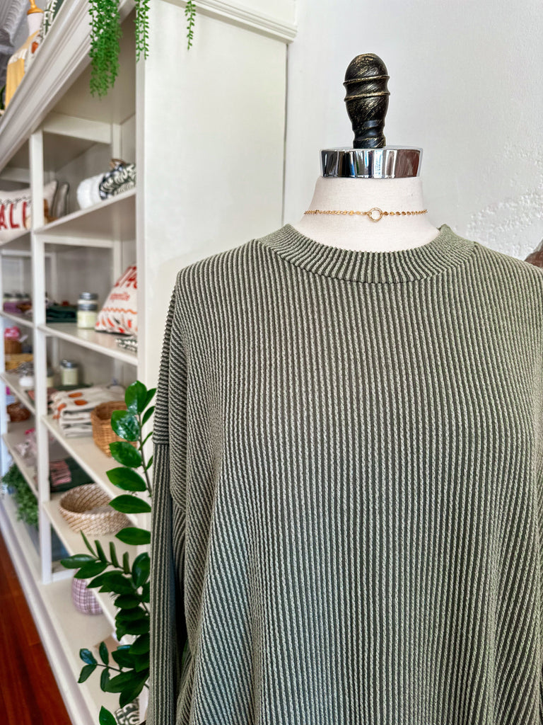 Winnie Oversized Ribbed Sweatshirt - Olive-Sweatshirt-Carolyn Jane's Jewelry