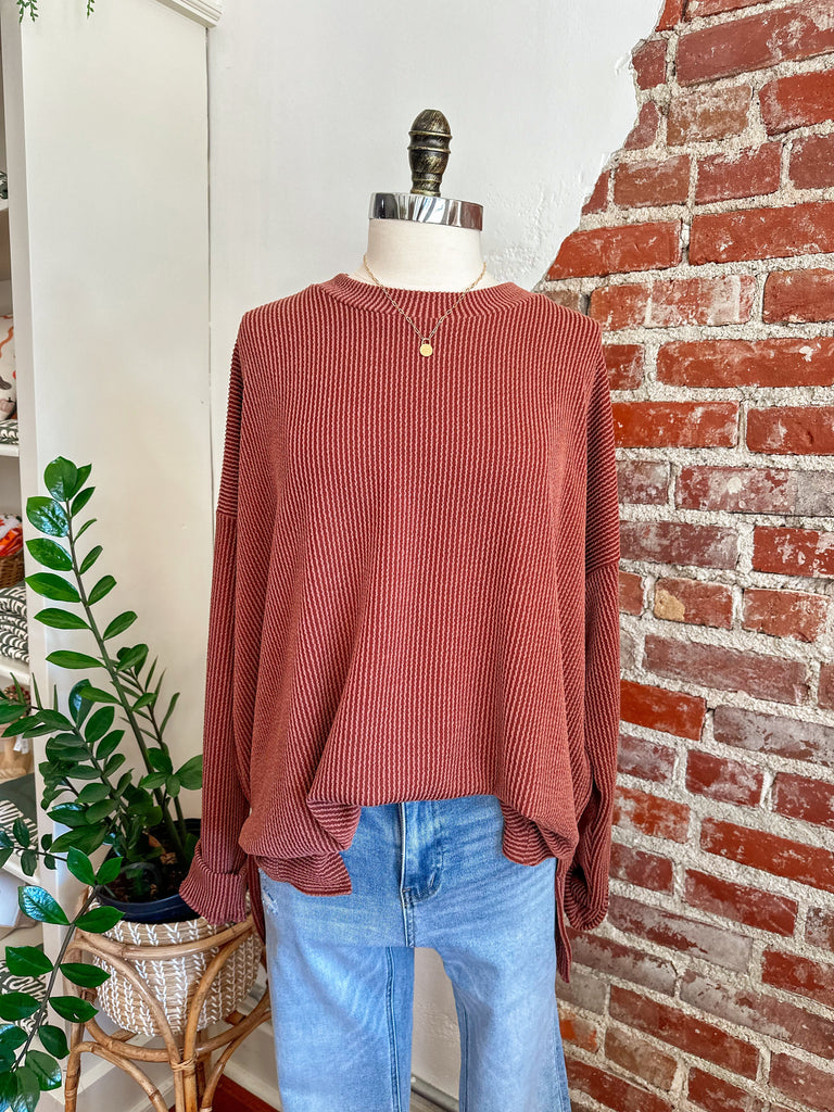 Winnie Oversized Ribbed Sweatshirt - Rust-Sweatshirt-Carolyn Jane's Jewelry