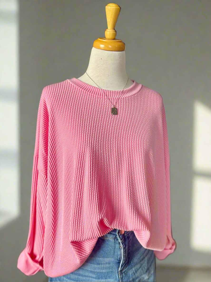 Winnie Rib Oversized Sweatshirt - Pink-sweashirt-Carolyn Jane's Jewelry