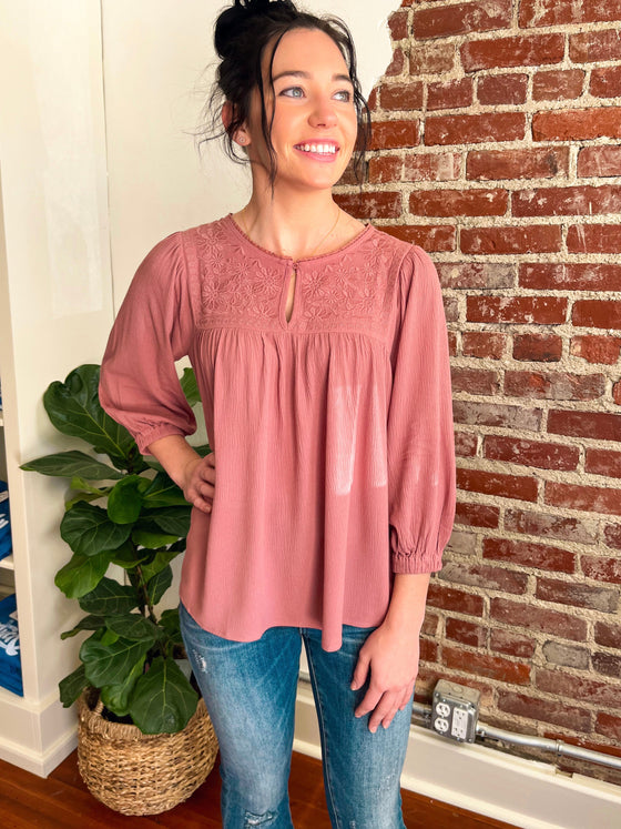 Ashley Floral Embroidered Top in Mauve-Top-Carolyn Jane's Jewelry