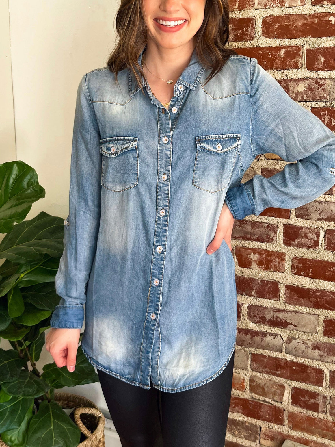 Dawn Denim Long Sleeve Button Shirt with Side Pockets-Top-Carolyn Jane's Jewelry