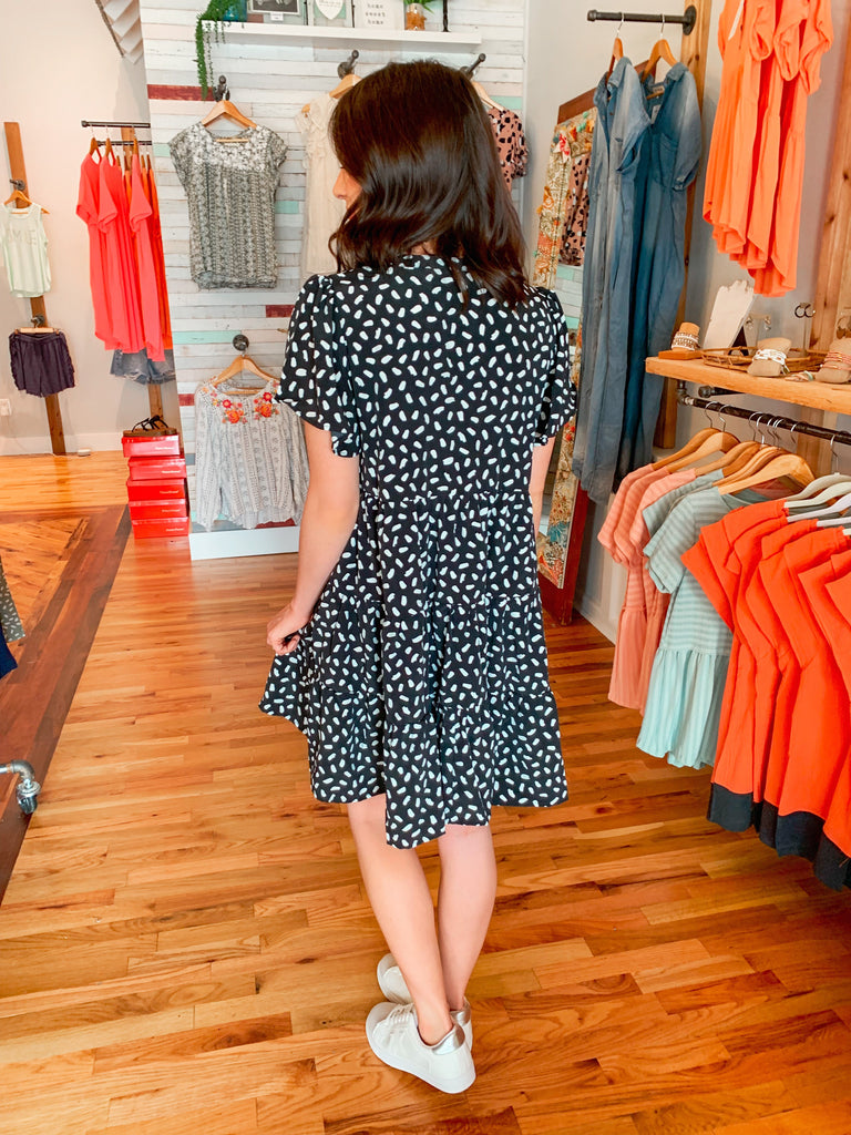 Dotty Print Tier Mini Dress in BLack-Dresses-Carolyn Jane's Jewelry