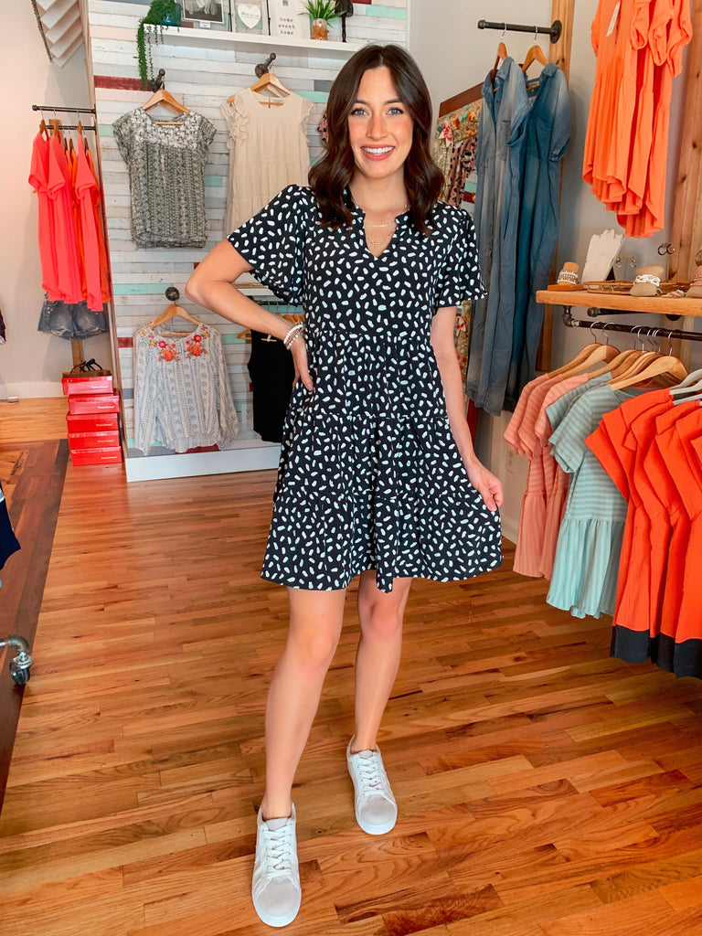 Dotty Print Tier Mini Dress in BLack-Dresses-Carolyn Jane's Jewelry