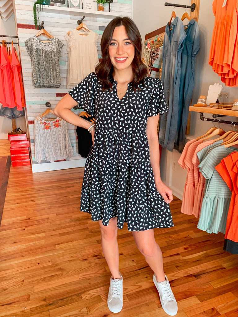 Dotty Print Tier Mini Dress in BLack-Dresses-Carolyn Jane's Jewelry