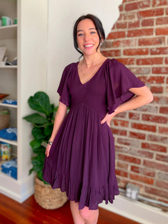 Laura Flowy Dress in Eggplant-Dresses-Carolyn Jane's Jewelry