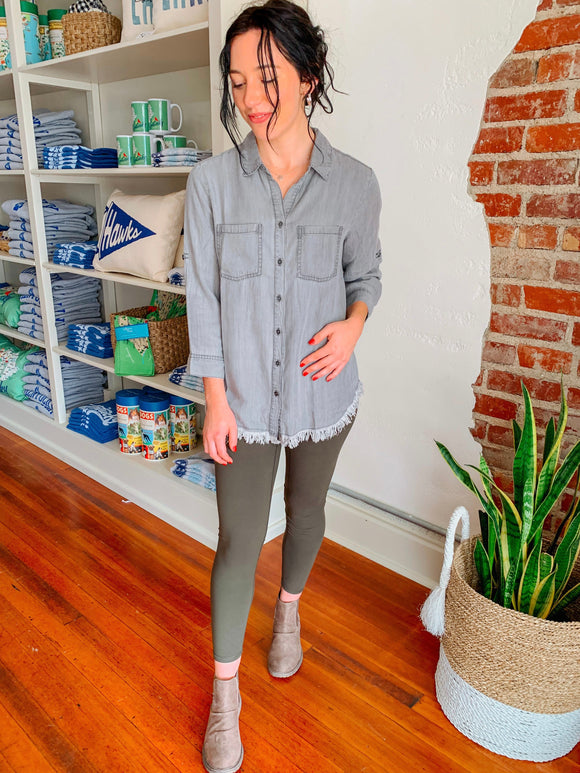 Light Grey Denim Tencel Frayed Button Up Shirt-Top-Carolyn Jane's Jewelry
