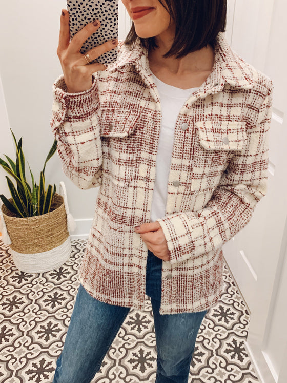 Soft Plaid Teddy Shacket in Burgundy-Outerwear / Shacket-Carolyn Jane's Jewelry