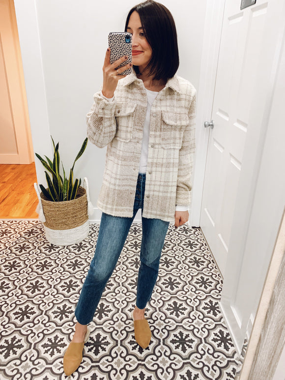 Soft Plaid Teddy Shacket in Taupe-Carolyn Jane's Jewelry