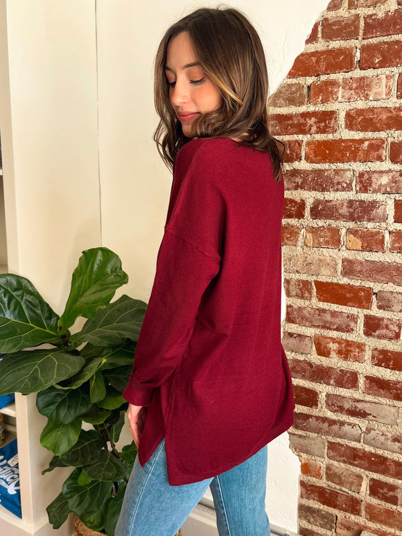 The Gilmore V-Neck Knit Top in Wine-Top-Carolyn Jane's Jewelry